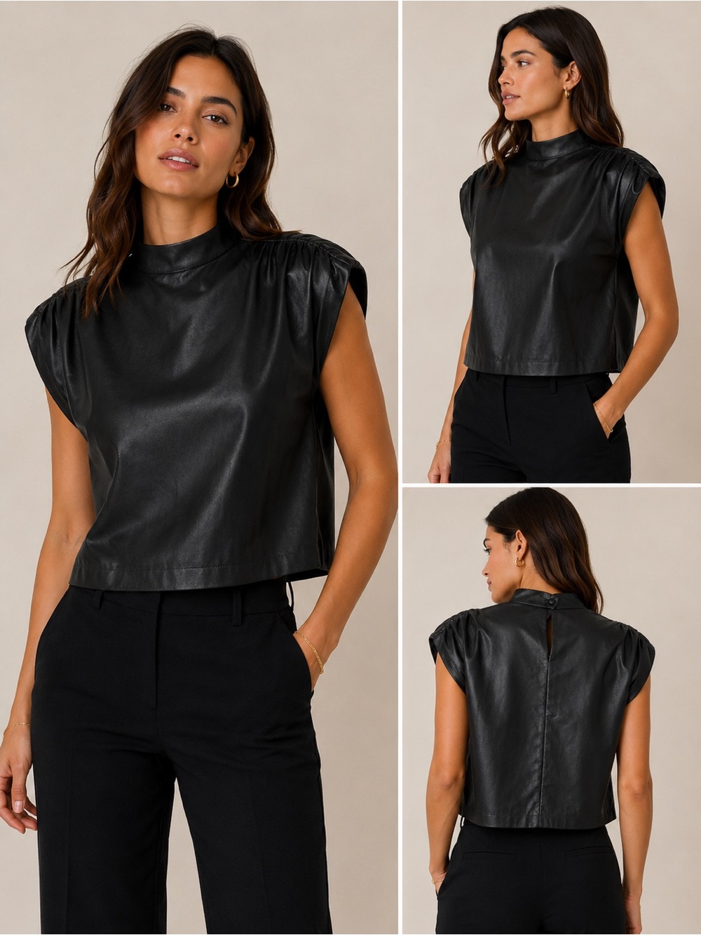 Tart Collections Black Faux Leather Mock Neck Cap Sleeve Top Size Medium